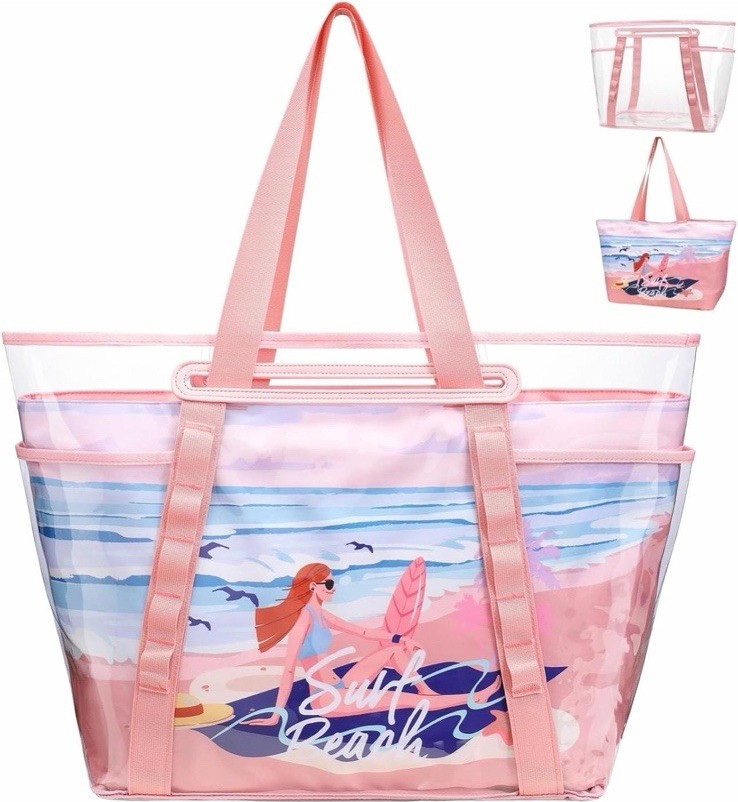 Pink Waterproof Clear Beach Tote Bag Large PVC Sandproof Zipper Pool Bag 40L