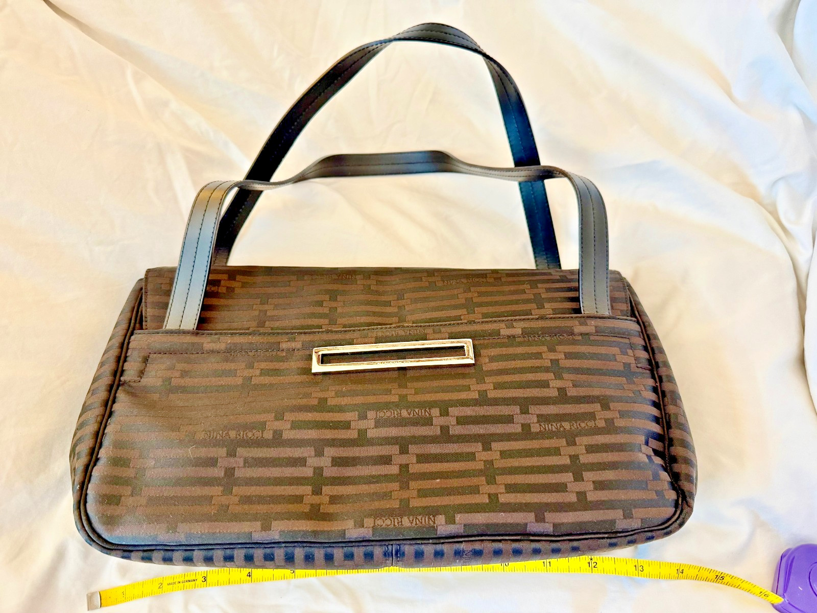 Vintage NINA RICCI BROWN SATIN bag with leather handle.