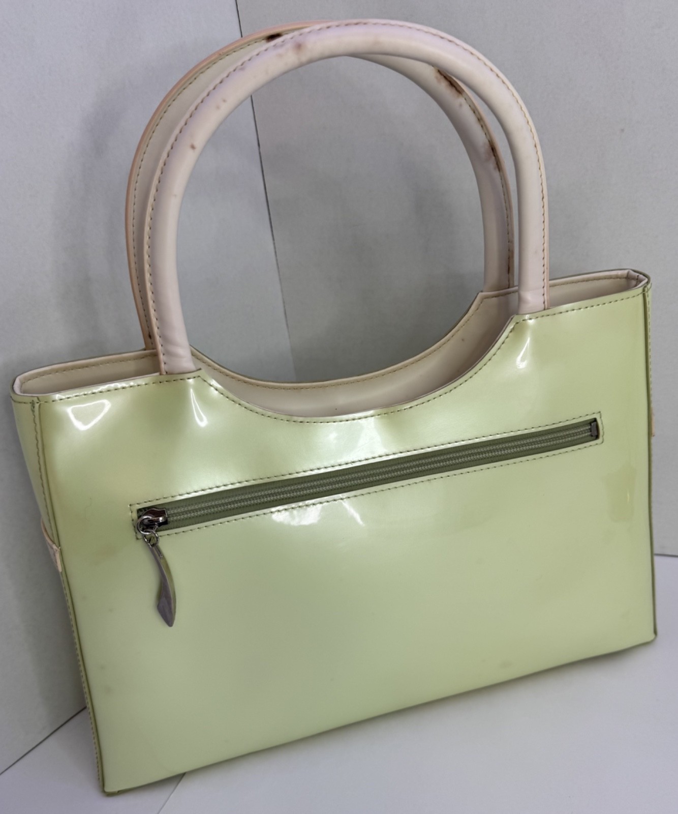 Beijo Mint Green Patent Leather Tote Bag Cream Handles Zip Top