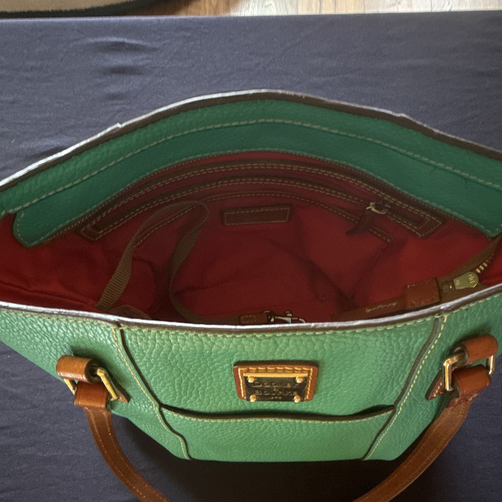 Dooney & Bourke Green Pebbled Zip Top Tote, Gold Hardware, Red Lined Pockets
