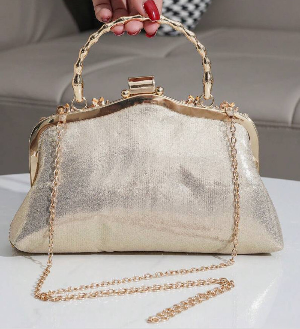 EVENING BAG- Gold Tone Rhinestone Decorated Metal Handle Clutch Purse, Luxury El