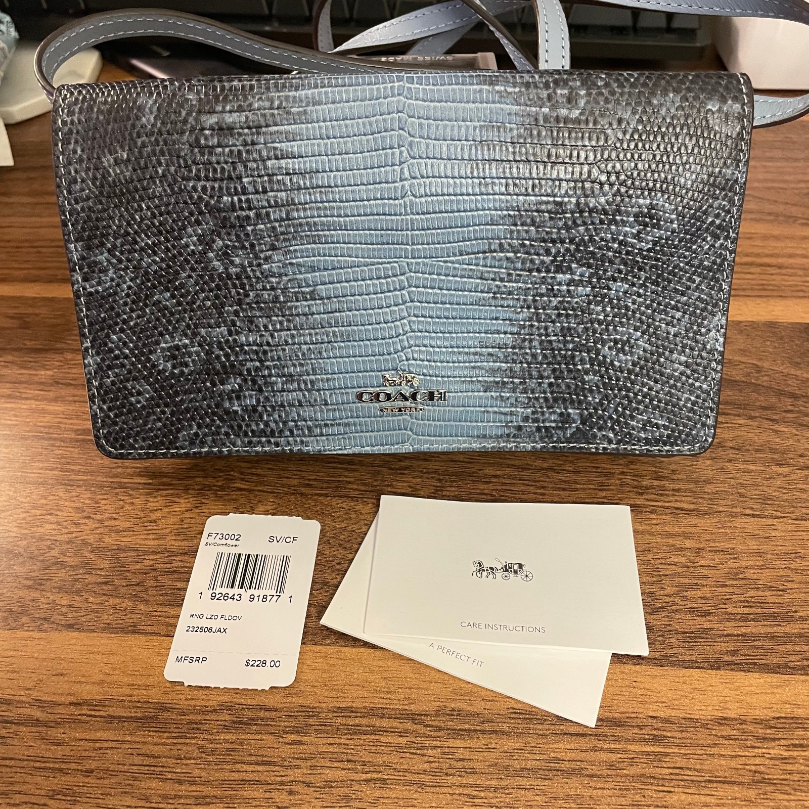 Coach Exotic Snakeskin Print Crossbody Fold Blue Dark Grey New With Tag! Clutch