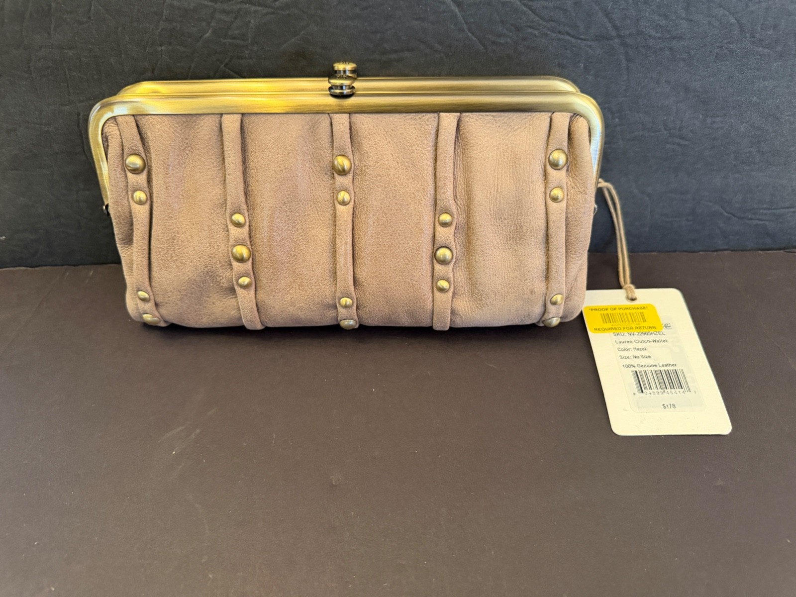 Hobo Brand Lauren Pleated Leather Studded Wallet Clutch Hazel New With Tag