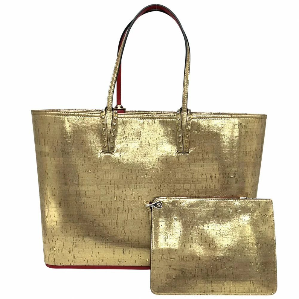 Christian Louboutin Cabata Tote Bag Gold Red Studded Leather Pouch 15x12x5.5 in