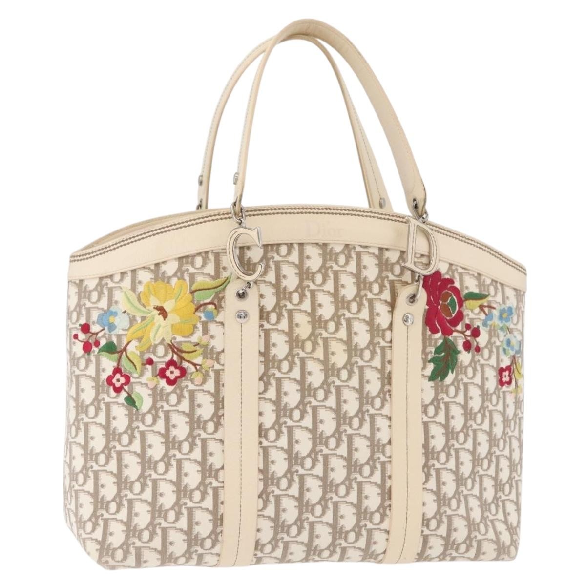 Christian Dior Trotter Canvas Tote Bag Beige Silver Auth 179002A