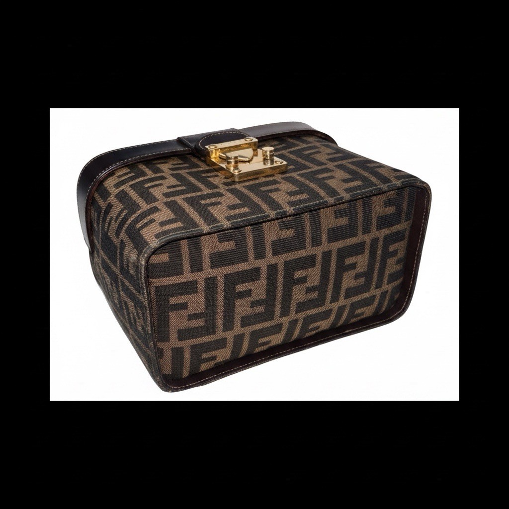 Authentic FENDI Zucca Monogram Vanity Case Box Bag Brown Canvas Gold Hardware