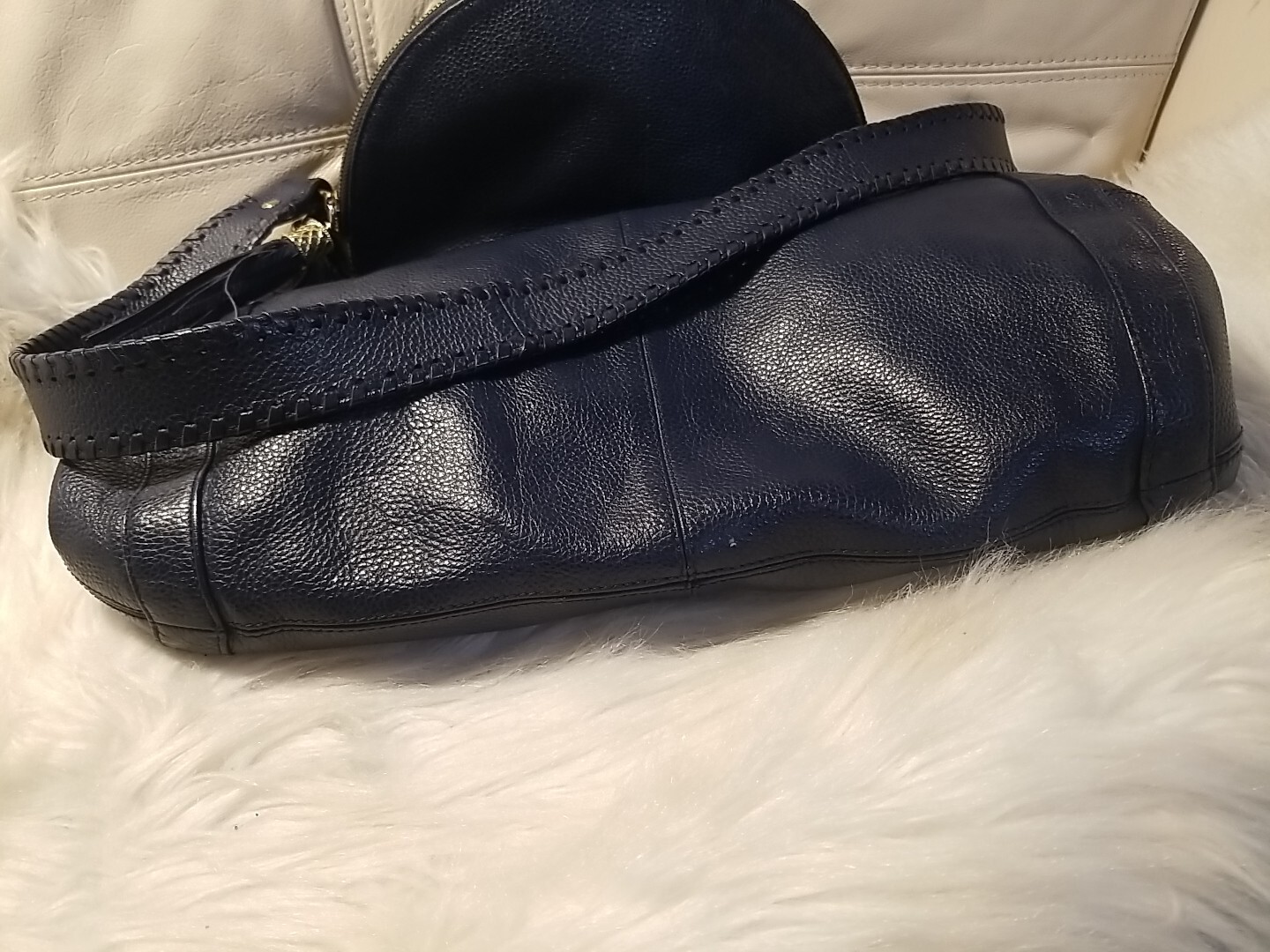 Onna Ehrlich Rachel Bag Blue Pebbled Leather Large 11×22! Crossbody Tassels!