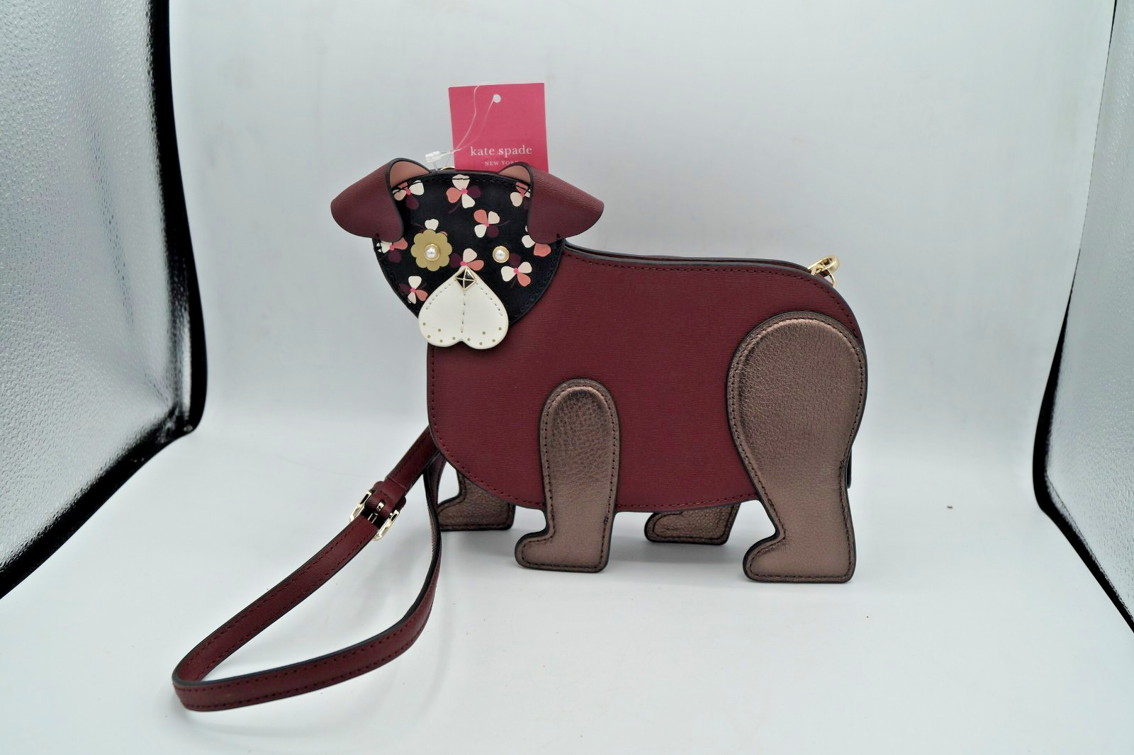 NEW KATE SPADE DOG CROSSBODY BAG FLORAL PUP CHERRY WOOD WKRU6239 PUPPY SHAPE