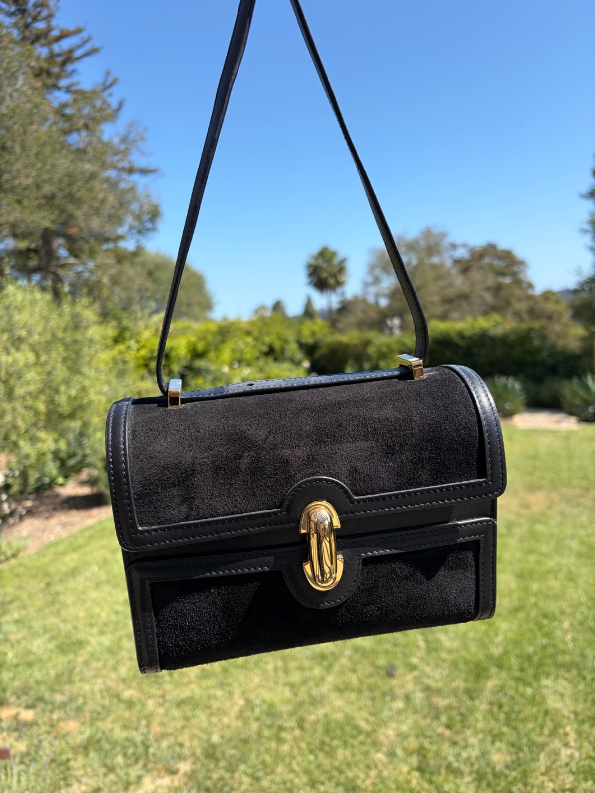 Savette Symmetry 19 Leather-Trimmed Suede Shoulder Bag in Black with a Gold-Tone
