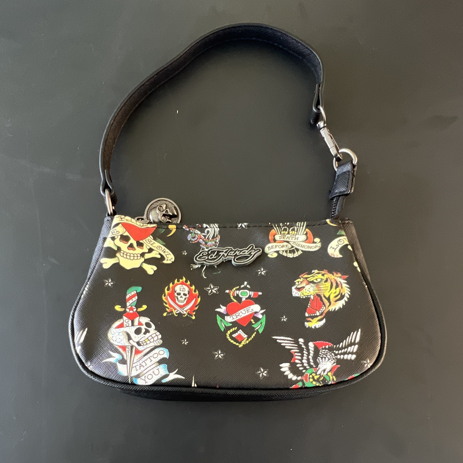 Ed Hardy Purse Y2K Style Handbag/ Wristlet, Detachable Strap, Faux Leather, NWT