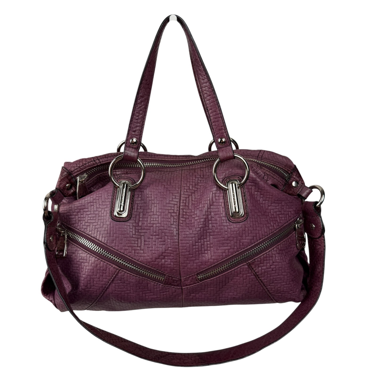 B MAKOWSKY Leather Mulberry Purple Woven Satchel Purse Handbag Y2K Double Handle