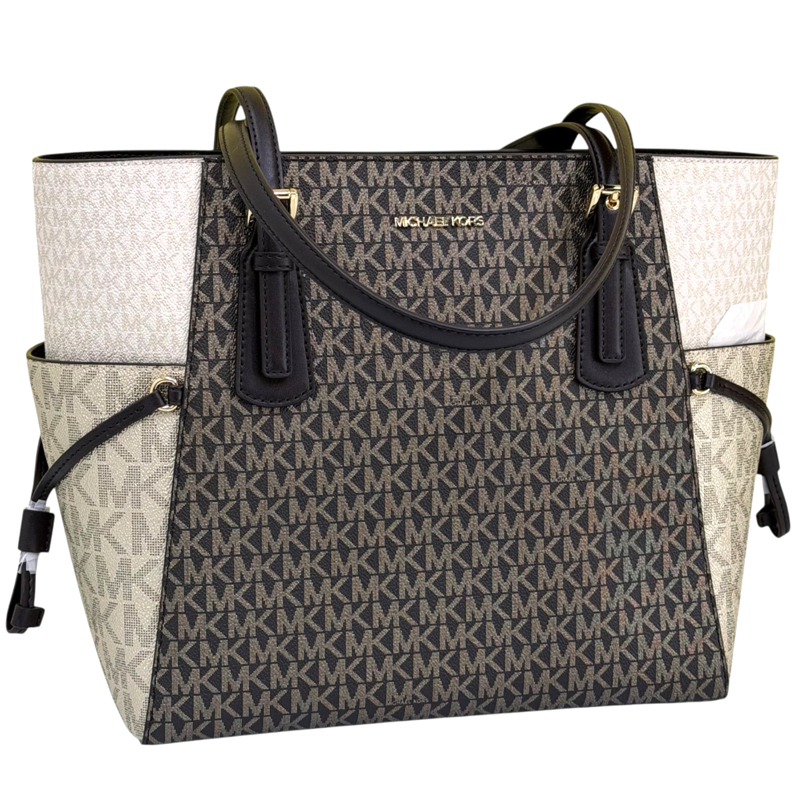 Michael Kors Voyager Large Tote MK Logo Signature Bag + Wallet Set Brown Multi