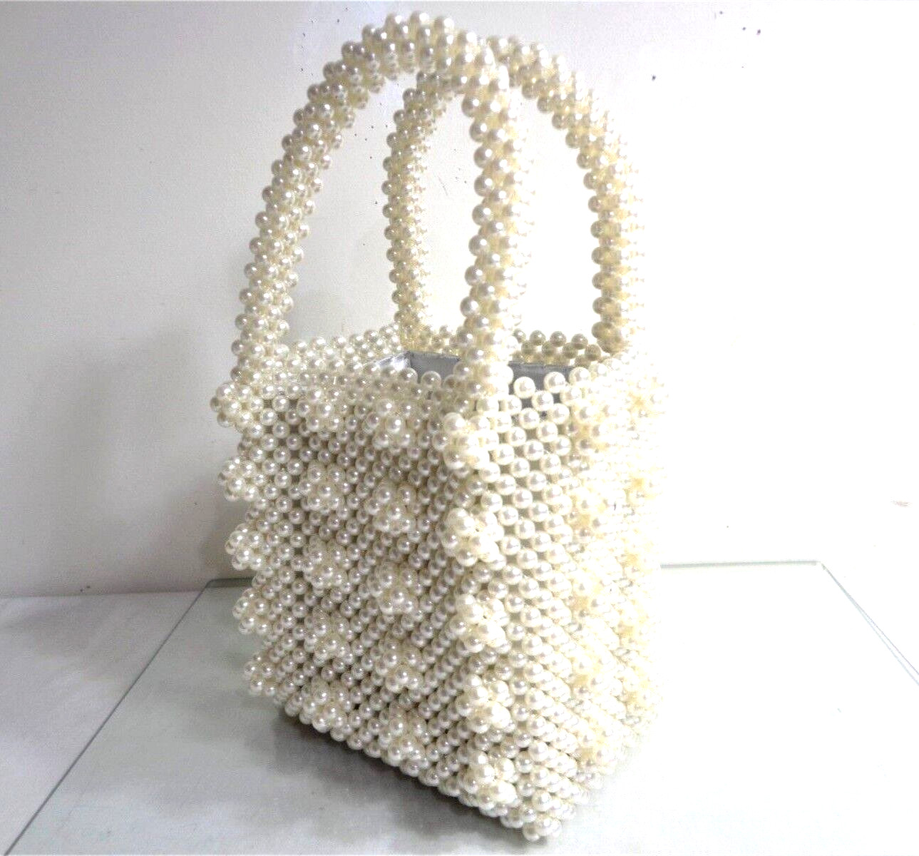 PEARL BUCKET HANDBAG WEDDING EVENING PARTY COCKTAIL BAG PURSE DOUBLE HANDLES