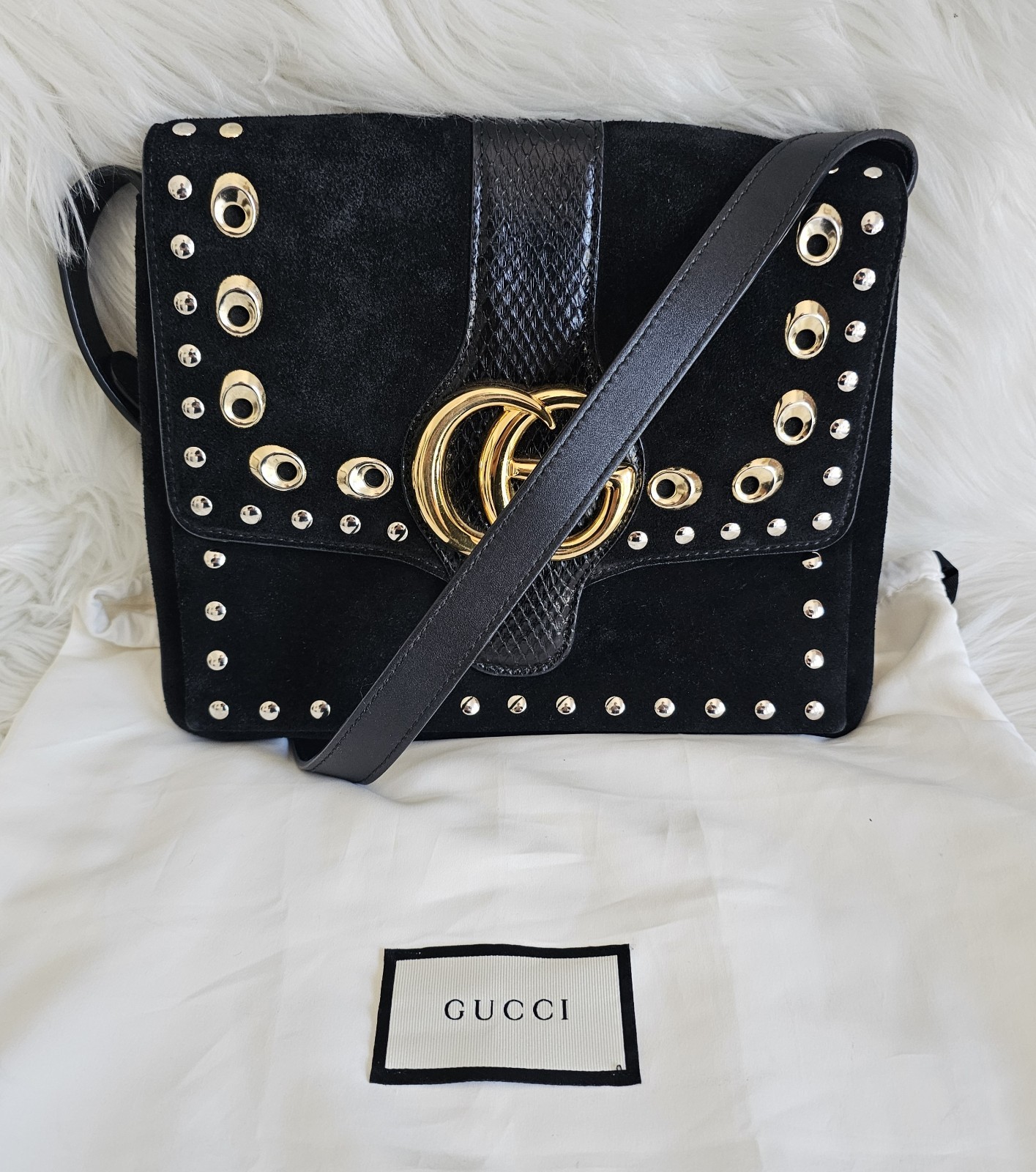 Gucci GG Marmont Arli Black Suede Python Exotic Shoulder Purse Bag