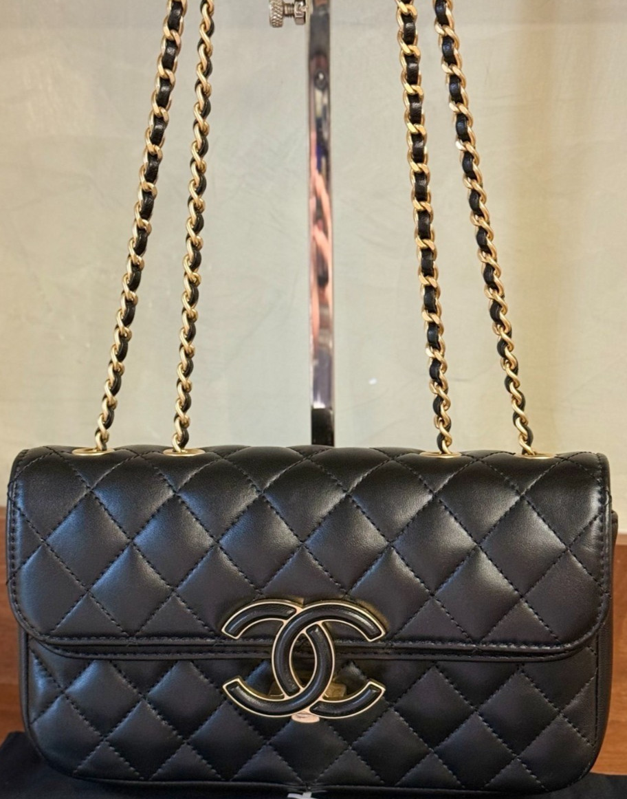 Chanel Egypt Series Classic Flap Chain Shoulder Bag Black Gold Used Women