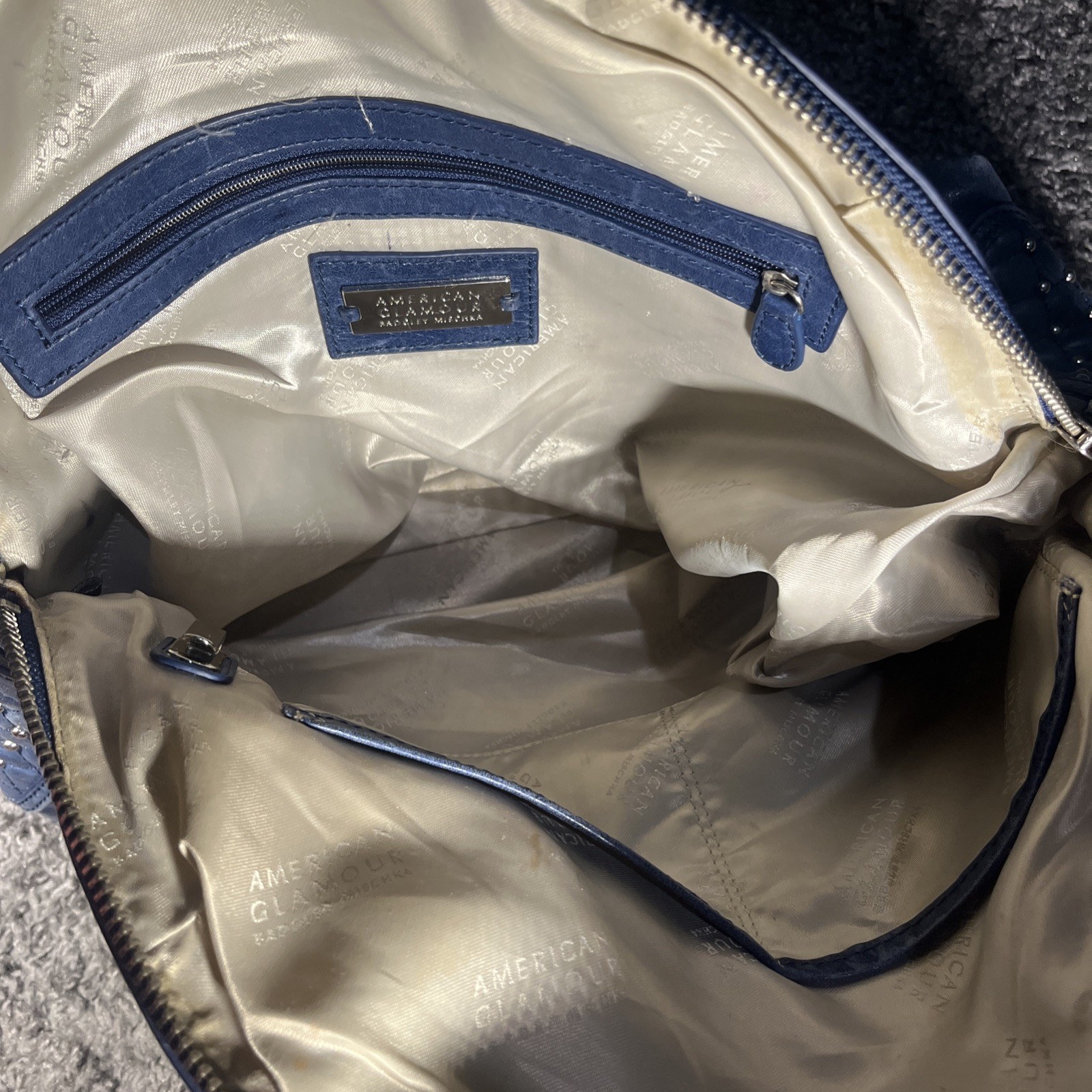 Dark Blue leather studded silver BADGLEY MISCHKA American Glamour shoulder bag