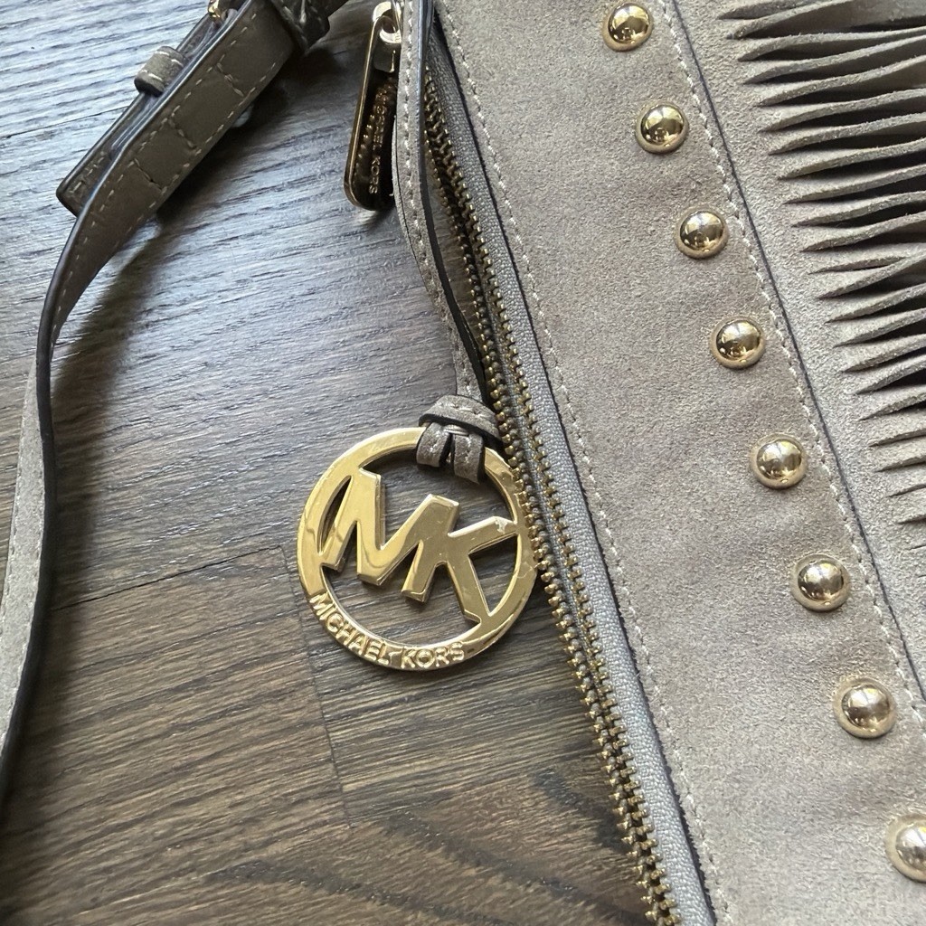 Michael Kors Beige Fringe Studded Shoulder Bag Zip Top Charm Gold Hardware