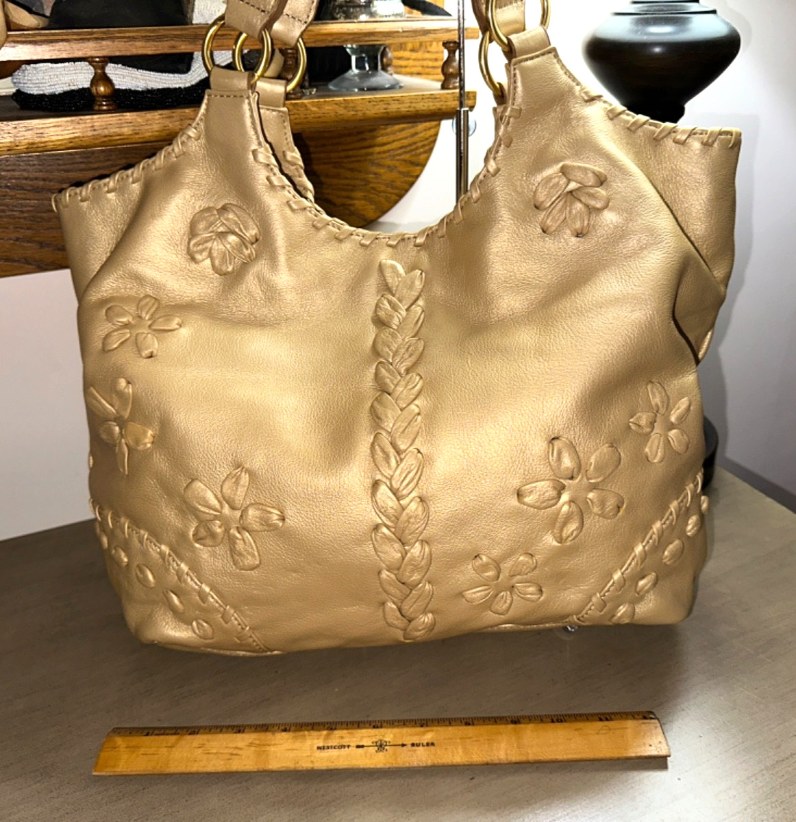 ISABELLA FIORE large gold leather whipstitched hobo shoulder bag purse EUC