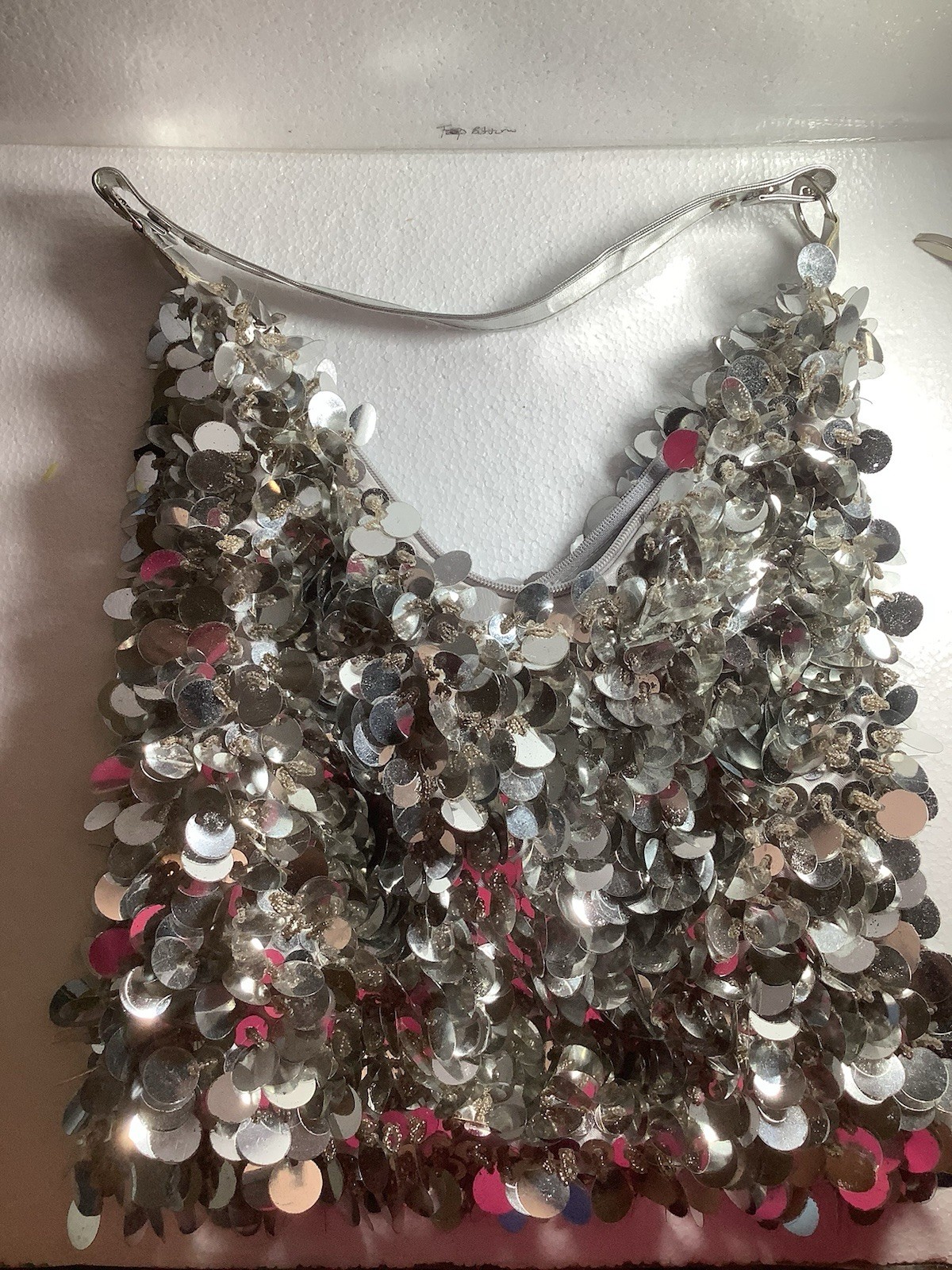 Silver Metallic Sequin Shoulder Bag Solid Pattern Silver Hardware Shoulder Strap