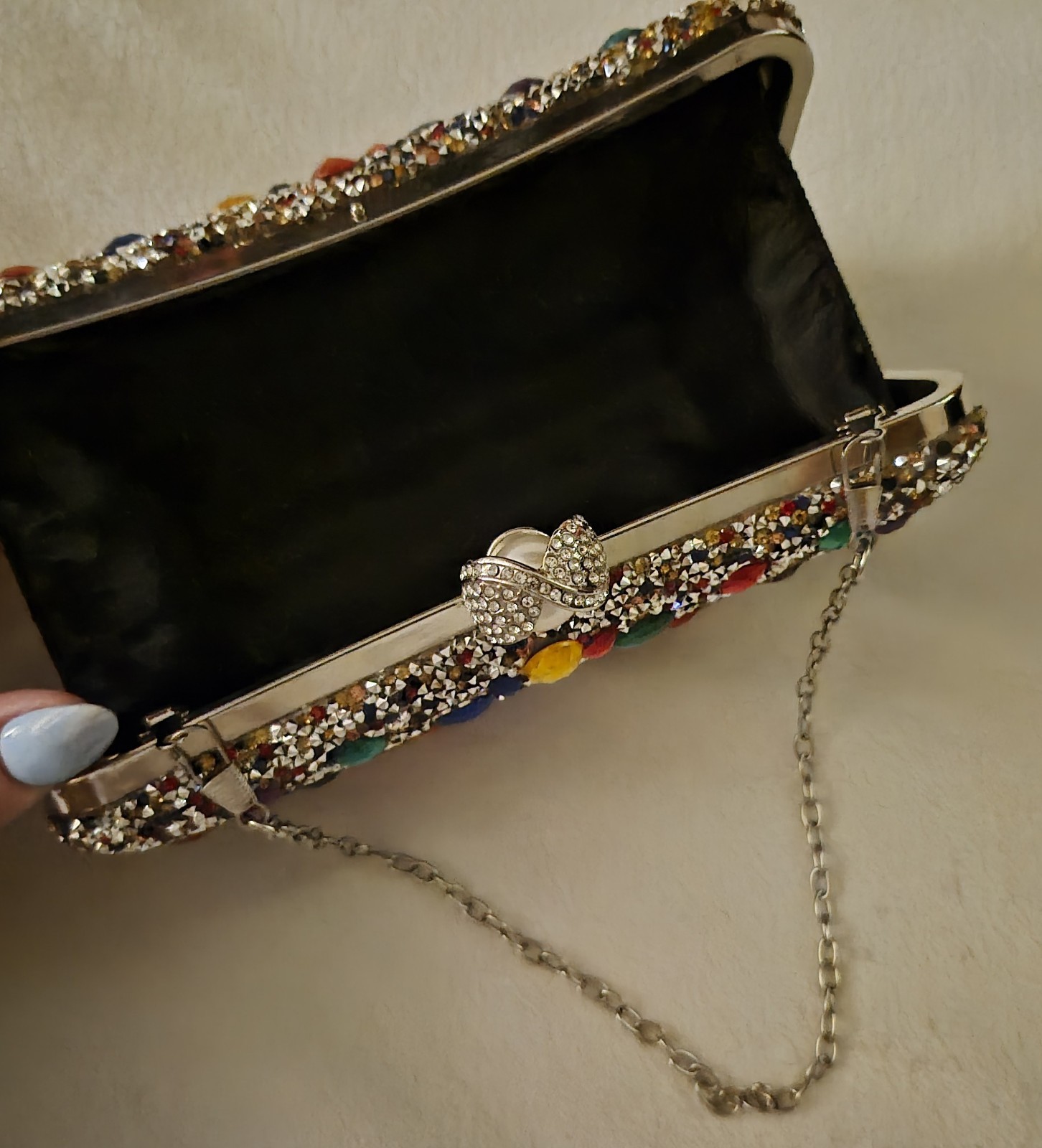 Multicolor Rhinestone Crystal Kiss Lock Clutch w/ Detachable Silver Chain Strap