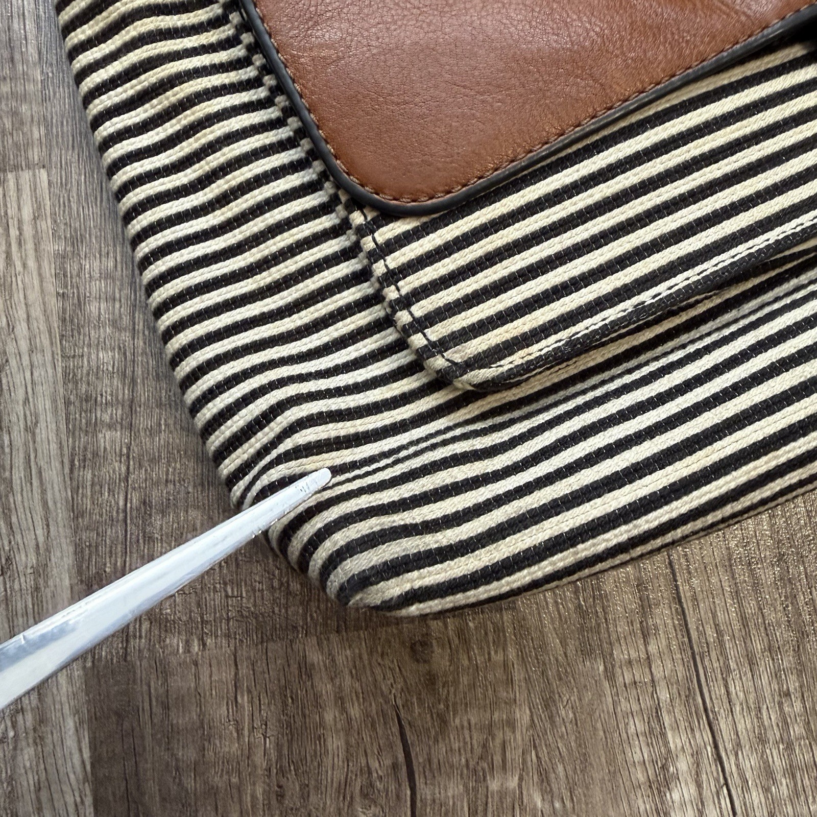 Fossil Striped Fabric & Leather Crossbody Bag Brown Black Key Charm