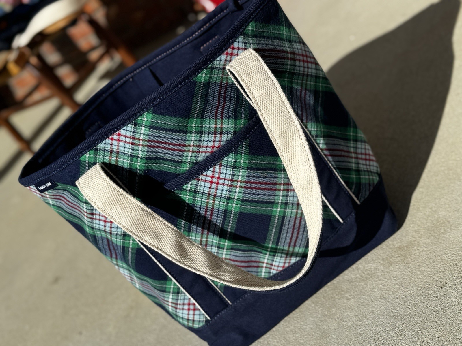 Lands End Tartan Plaid Canvas Open Top Medium Tote Navy Green Red EUC
