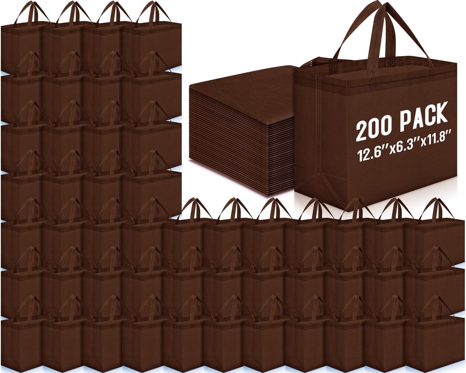 Windyun Reusable Grocery Bags Brown 200 Pcs 12.6 x 11.8 x 6.3 Inch