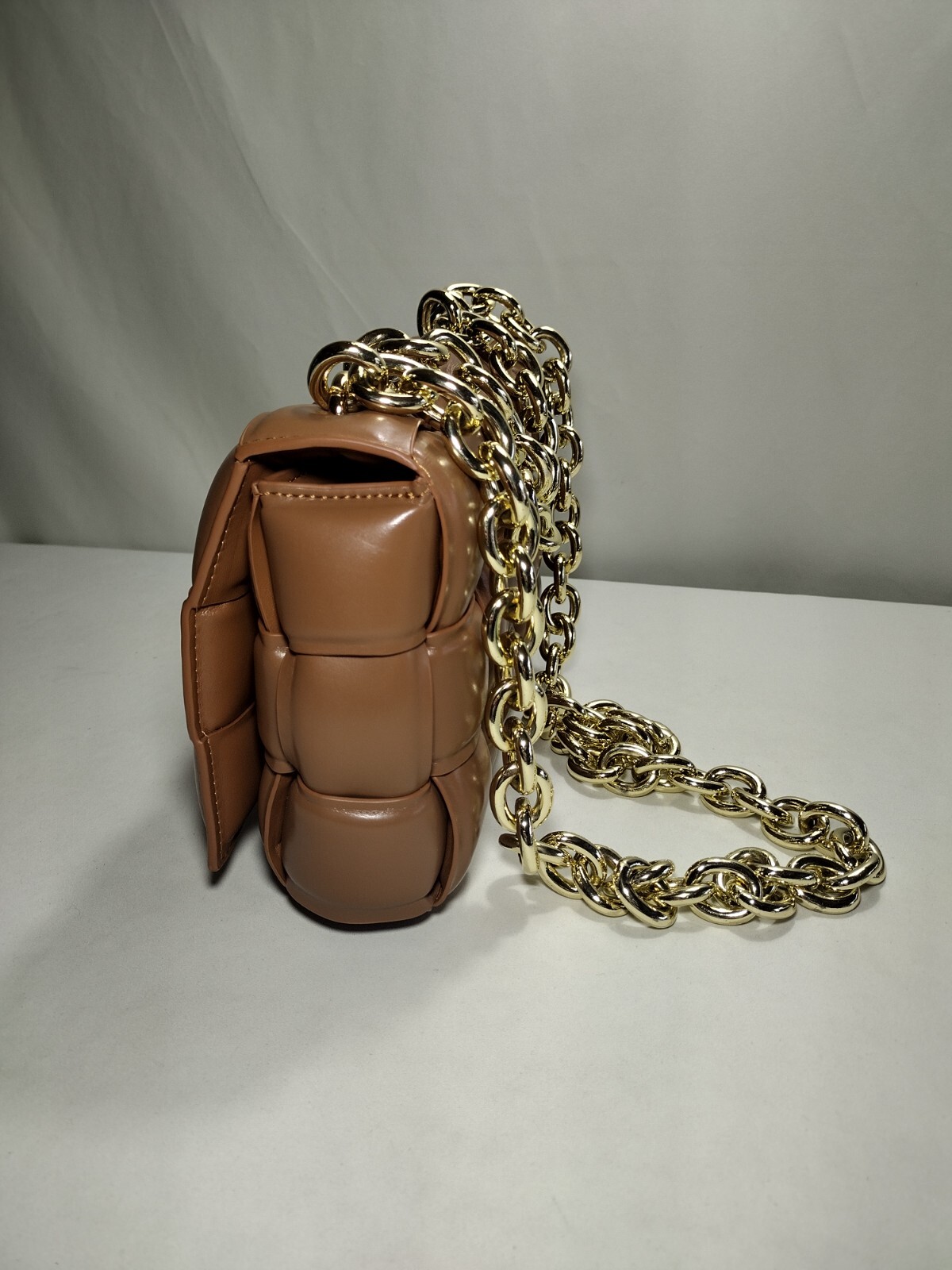 Brown Padded Faux Leather Chain Cassette Shoulder Bag 11 x 7 x 4 in. NEW