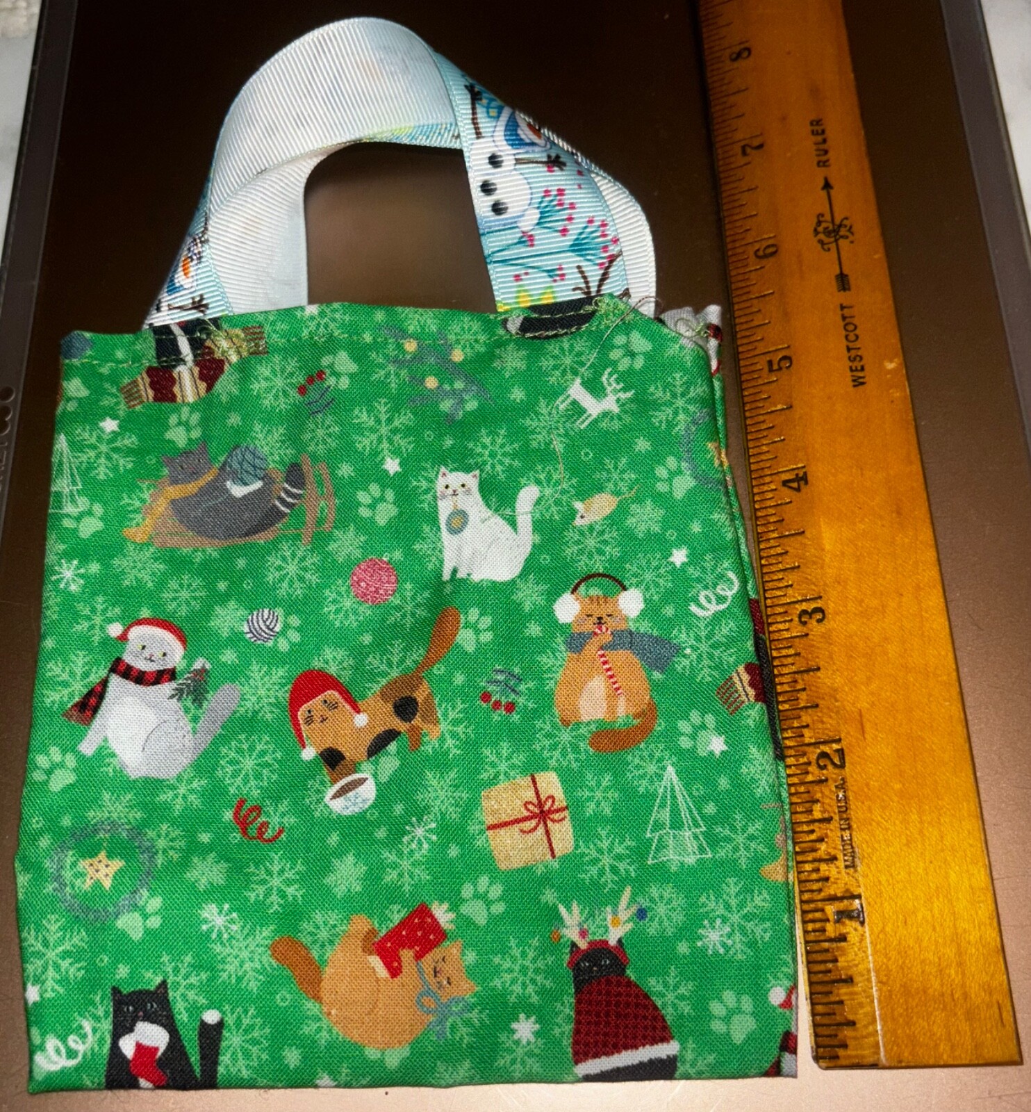 A Tiny Christmas Tote Bag-Just 5 1/2″ H x 5 1/4″ W-Featuring Cats & Dogs & Olaf!