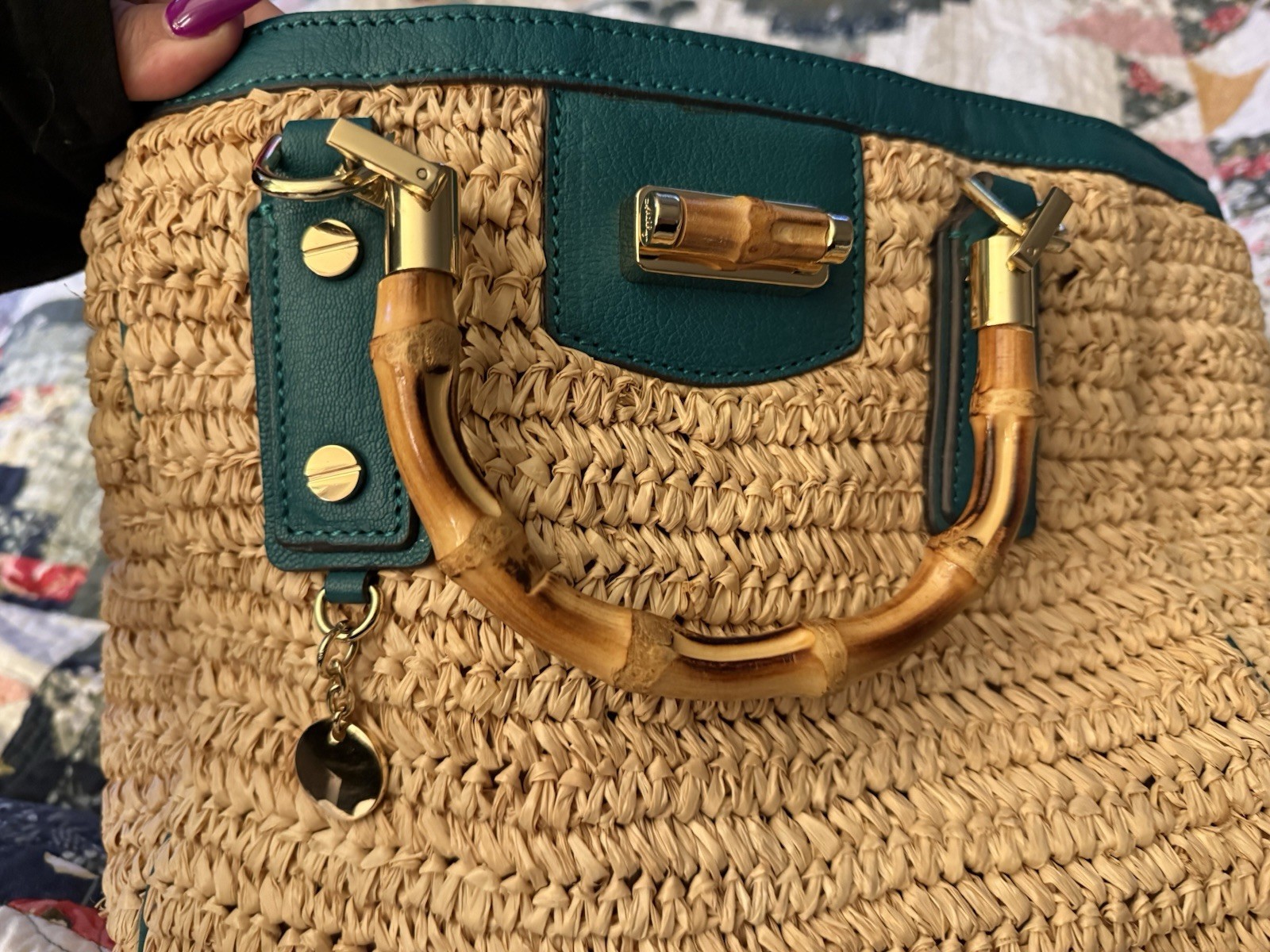 Milly Straw Woven Satchel Top Handle Bamboo/Wood Handles Beige Green Turn Lock