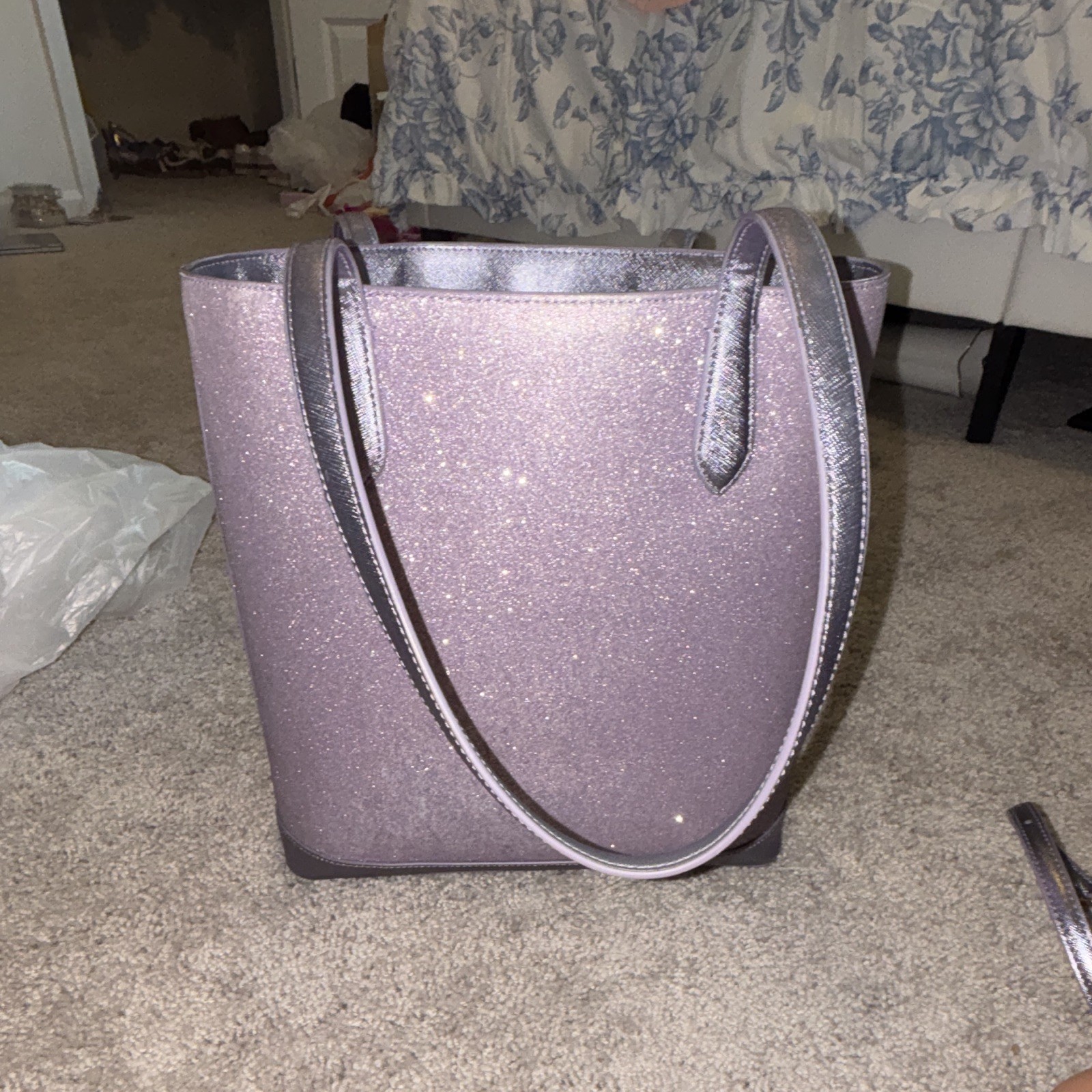 Kate Spade Large Glitter Tote Bag Purple with gold hardware Pre-Owned
