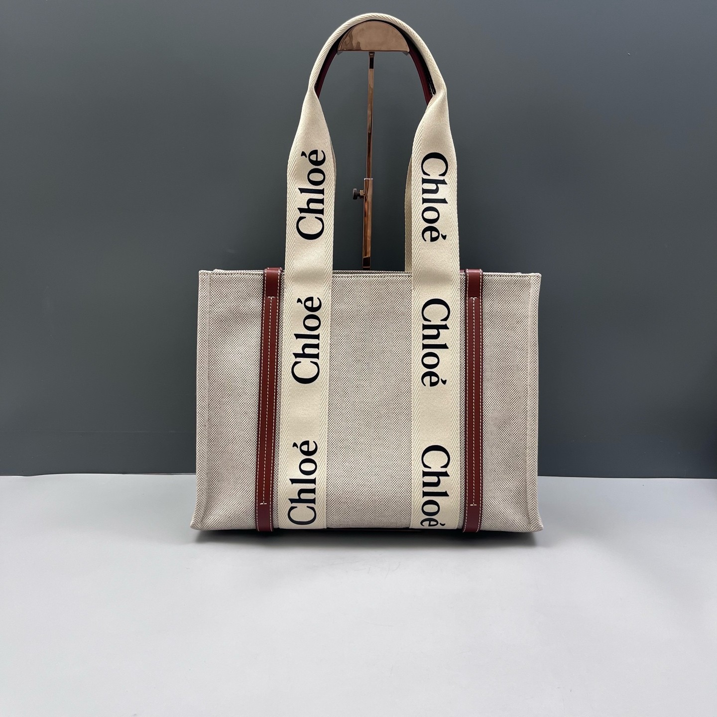 Chloe Medium Woody Ribbon Tote Beige Brown Black Canvas Calfskin (sa071626a2r)