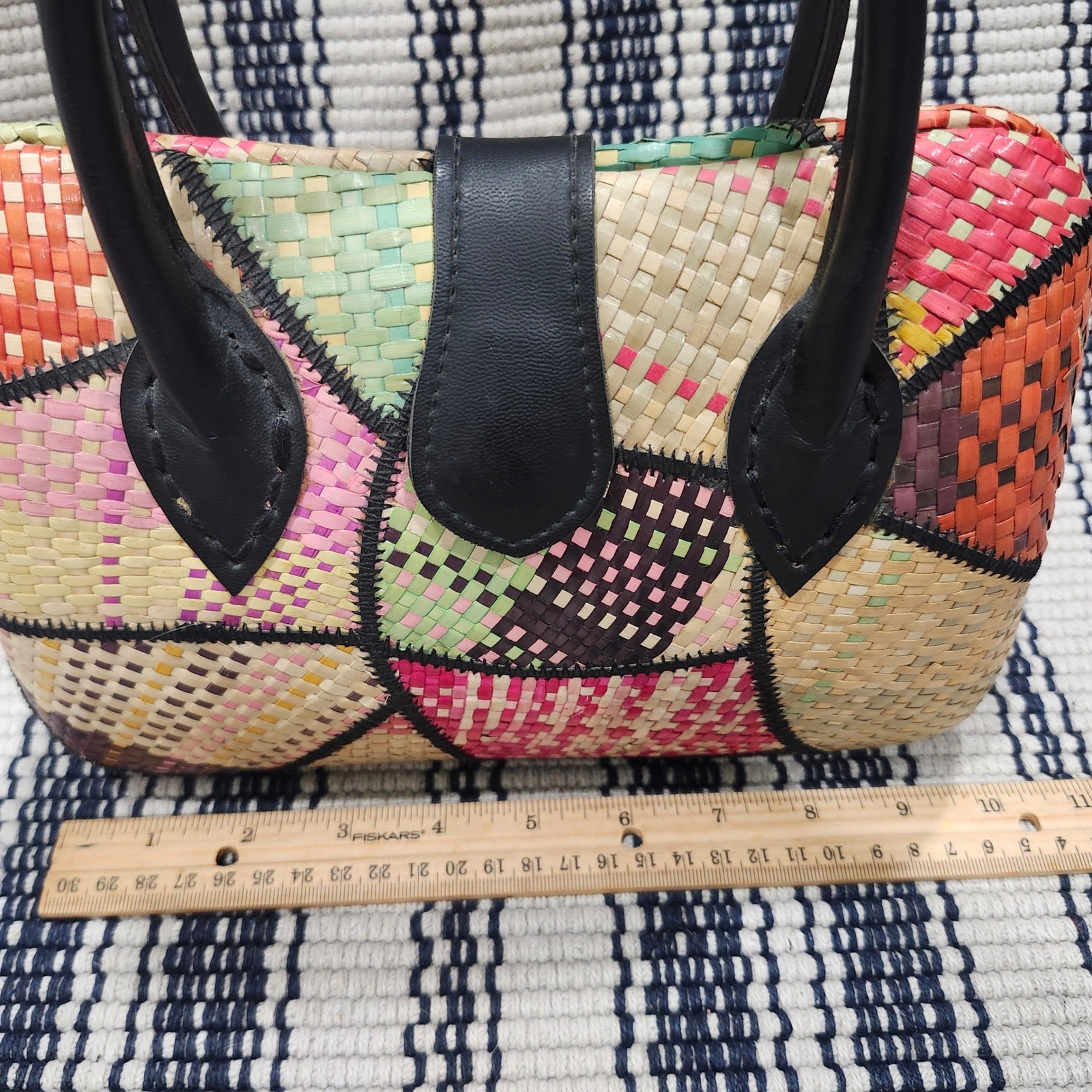 Vintage Patchwork Woven Straw Handbag Multicolor Boho Top Handle Satchel Bag