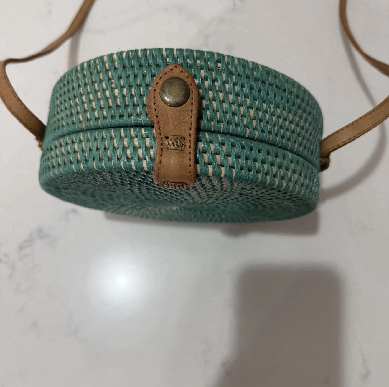 Round Rattan Straw Crossbody Teal Green Woven Wicker Circle Purse Boho Summer