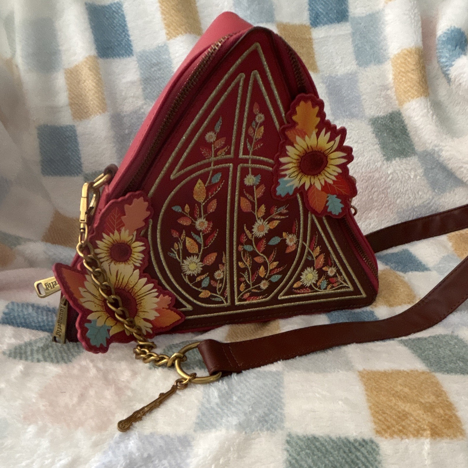Loungefly Harry Potter Triangle Floral Crossbody Bag Charm Zip Burgundy Brown