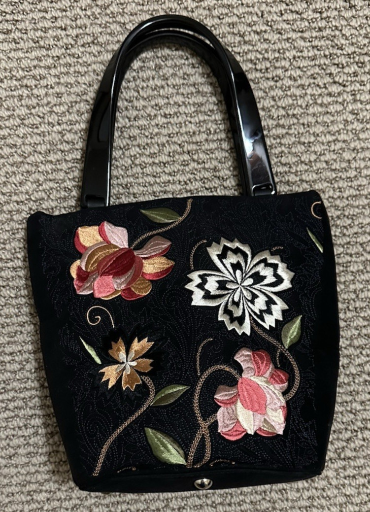 Talbots Floral Embroidered Black Microsuede Handbag, Black Plastic Handles