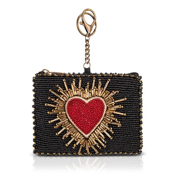 Mary Frances Affection Beaded Black Coin Purse with Red Heart