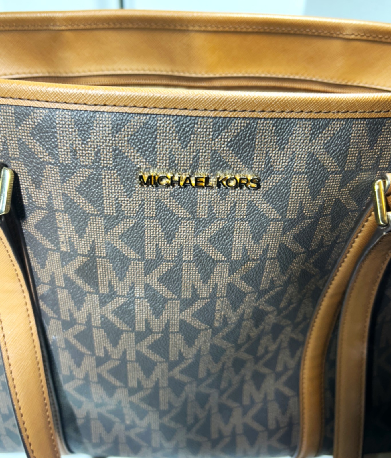 Michael Kors Large Shoulder Tote Brown with Tan Trim Signature Logo