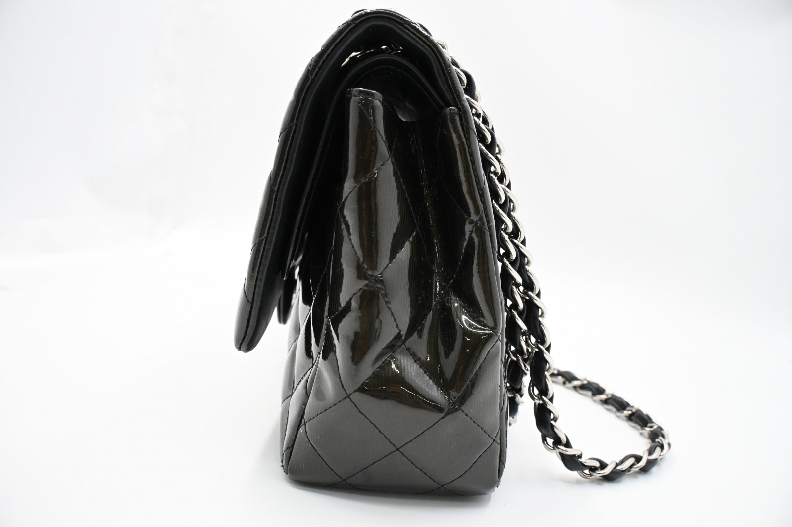 Authentic Chanel Matelasse 30 Double Flap Olive Green Patent Leather