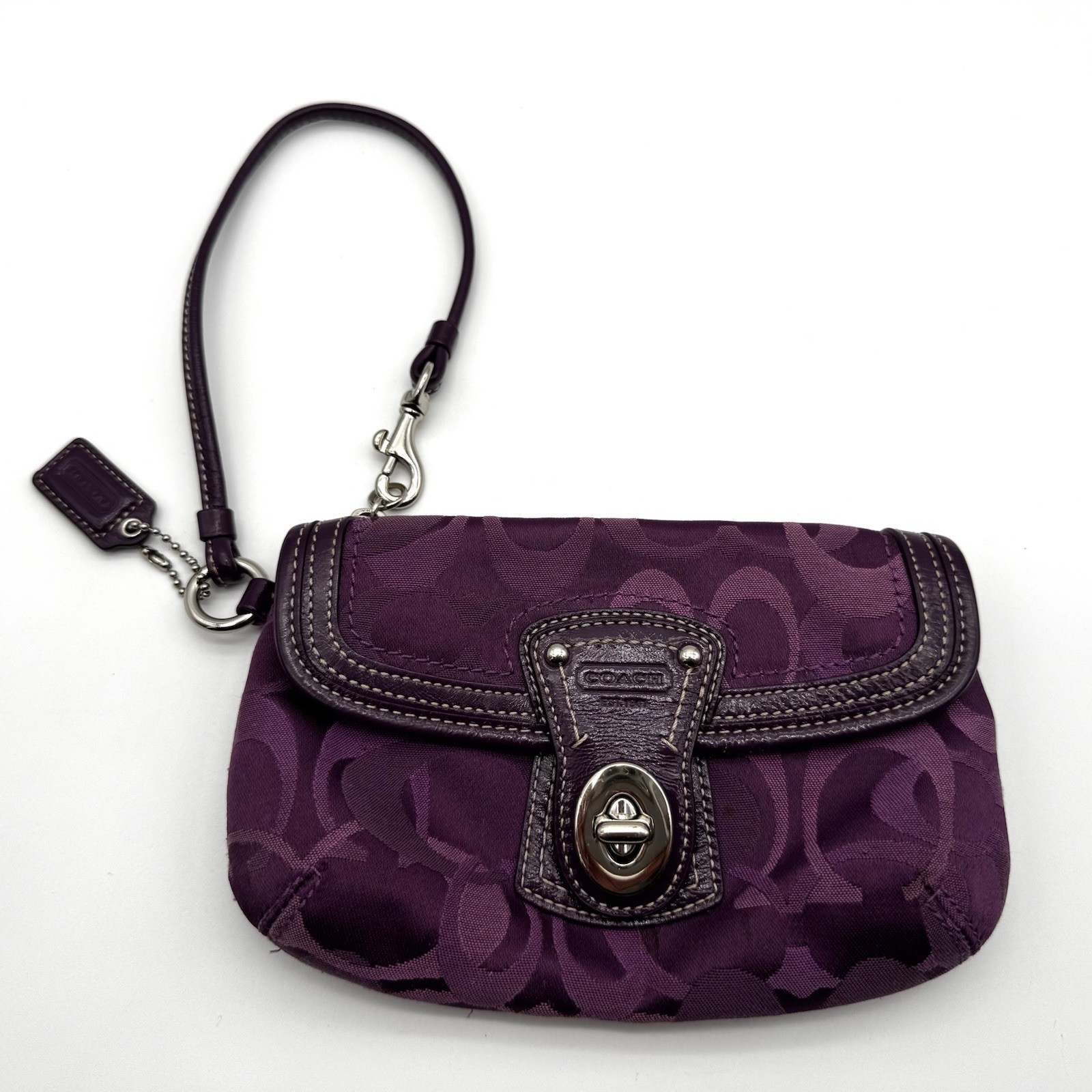 Coach Y2K Rare Purple Signature Fabric Leather Turnlock Mini Bag Wristlet