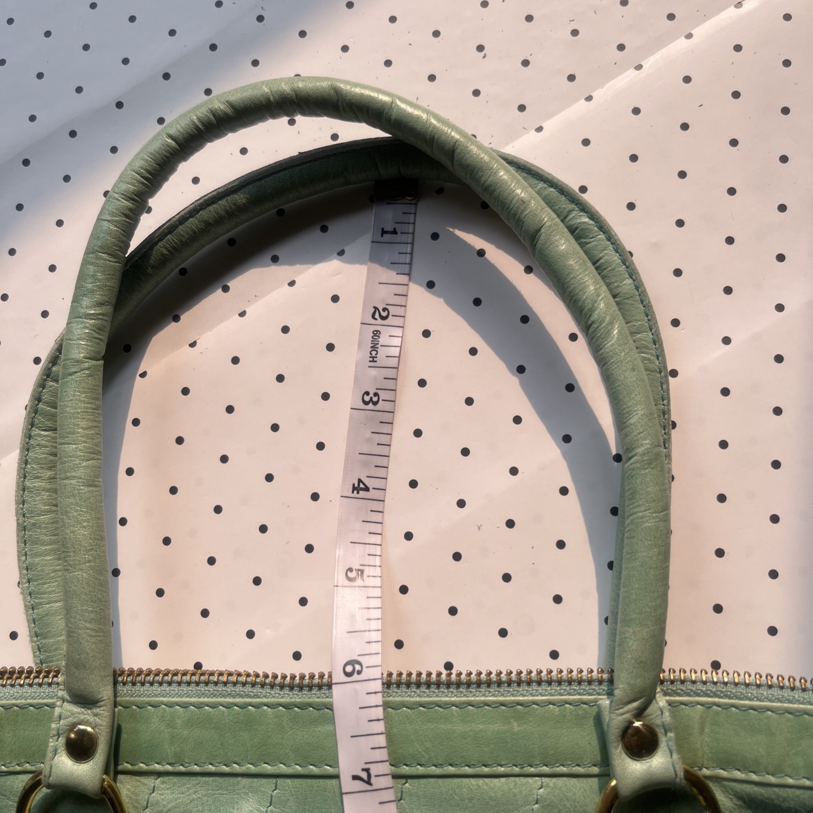 Vintage Mint Green Genuine Leather Satchel Purse Zip Top Brass Top Handle