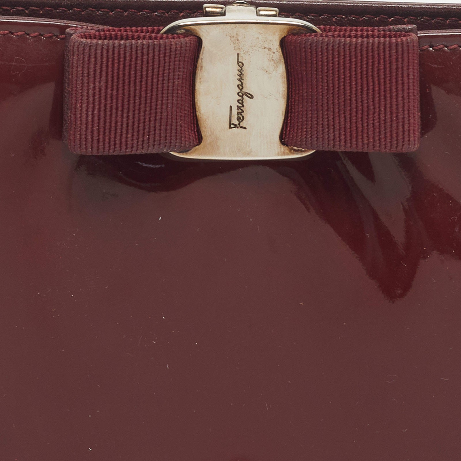 Salvatore Ferragamo Miss Vara Burgundy Patent Leather Chain Clutch