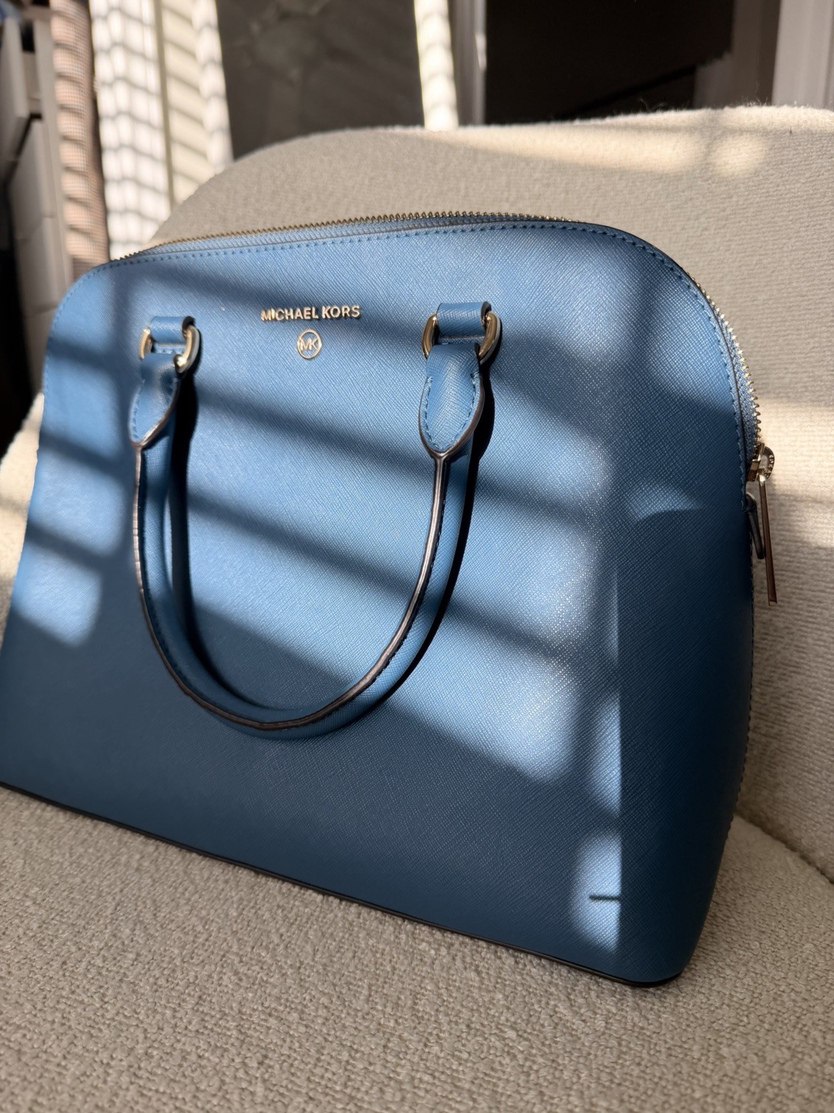 Michael Kors Large Dome Satchel Blue Zip Top w/ Crossbody Strap, Gold Logo