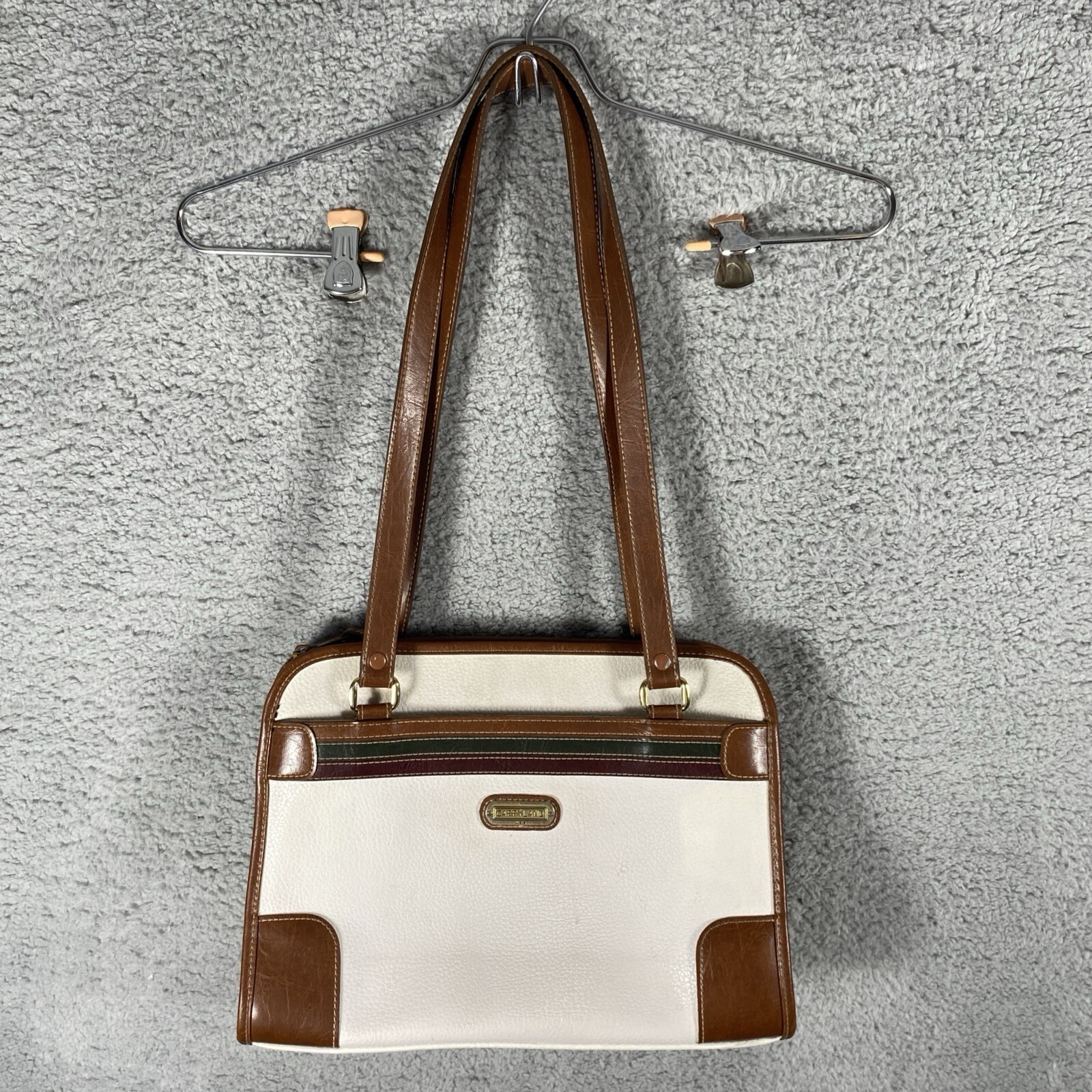 Carryland Handbag White With Green Stripe Please See Photos For Imperfections