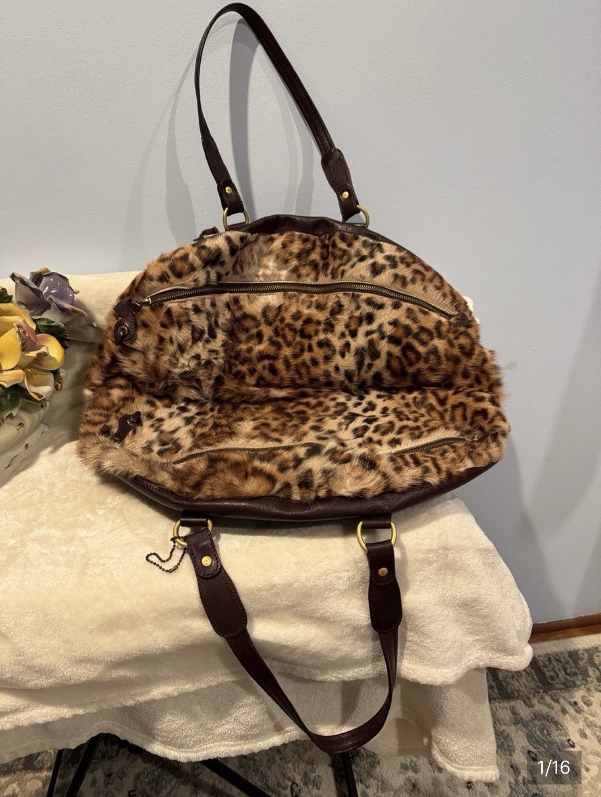 Extremely RARE VTG 1950s Genuine Leather & Real Fur Handbag spotted animal print