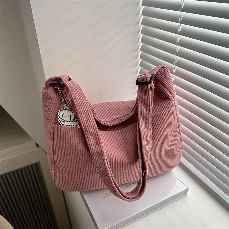 Women’s Corduroy Shoulder Bag Casual Striped Tote with Zipper Large Capacity