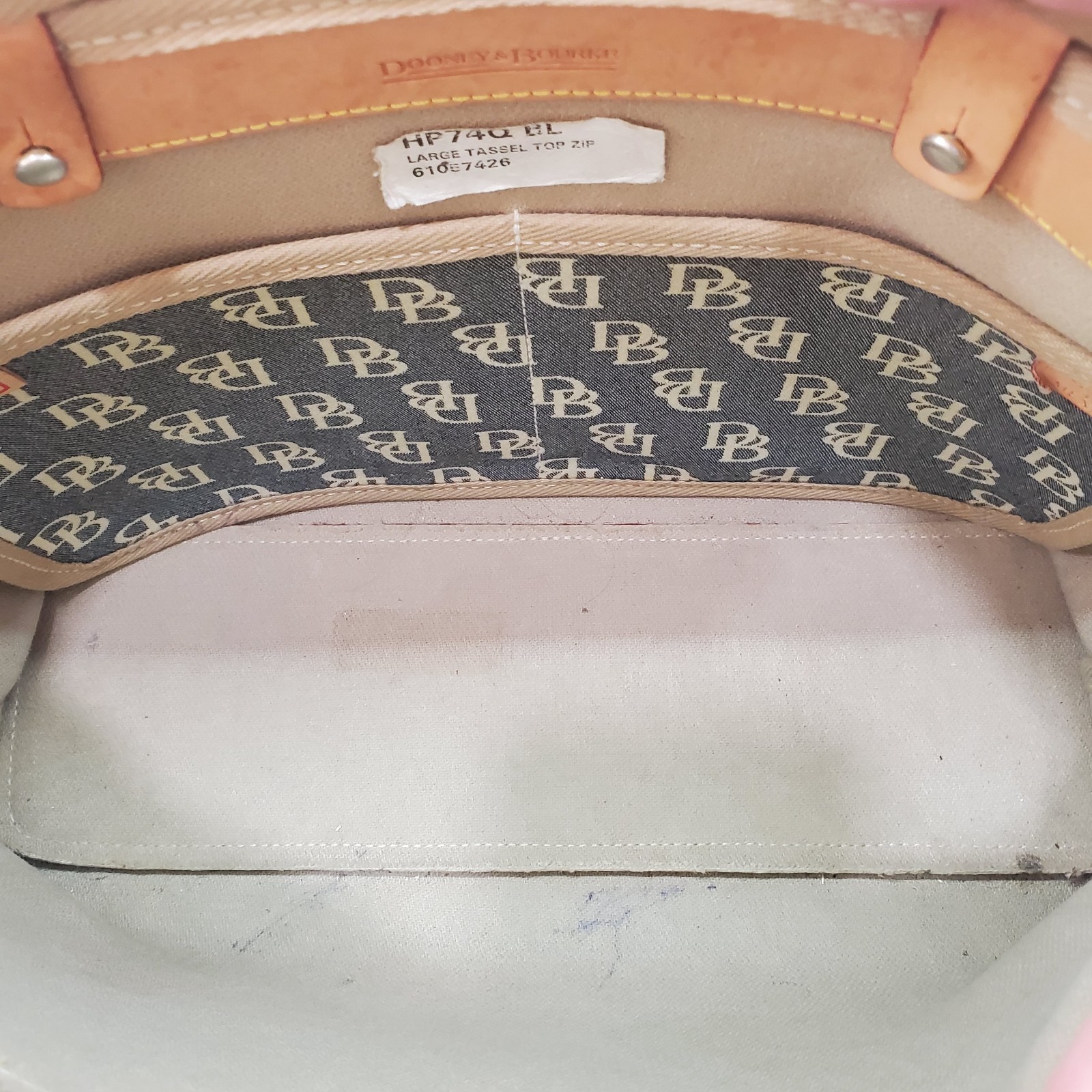 Dooney & Bourke Large Tassel Top Zip Bag Leather &Logo Fabric Double Handle