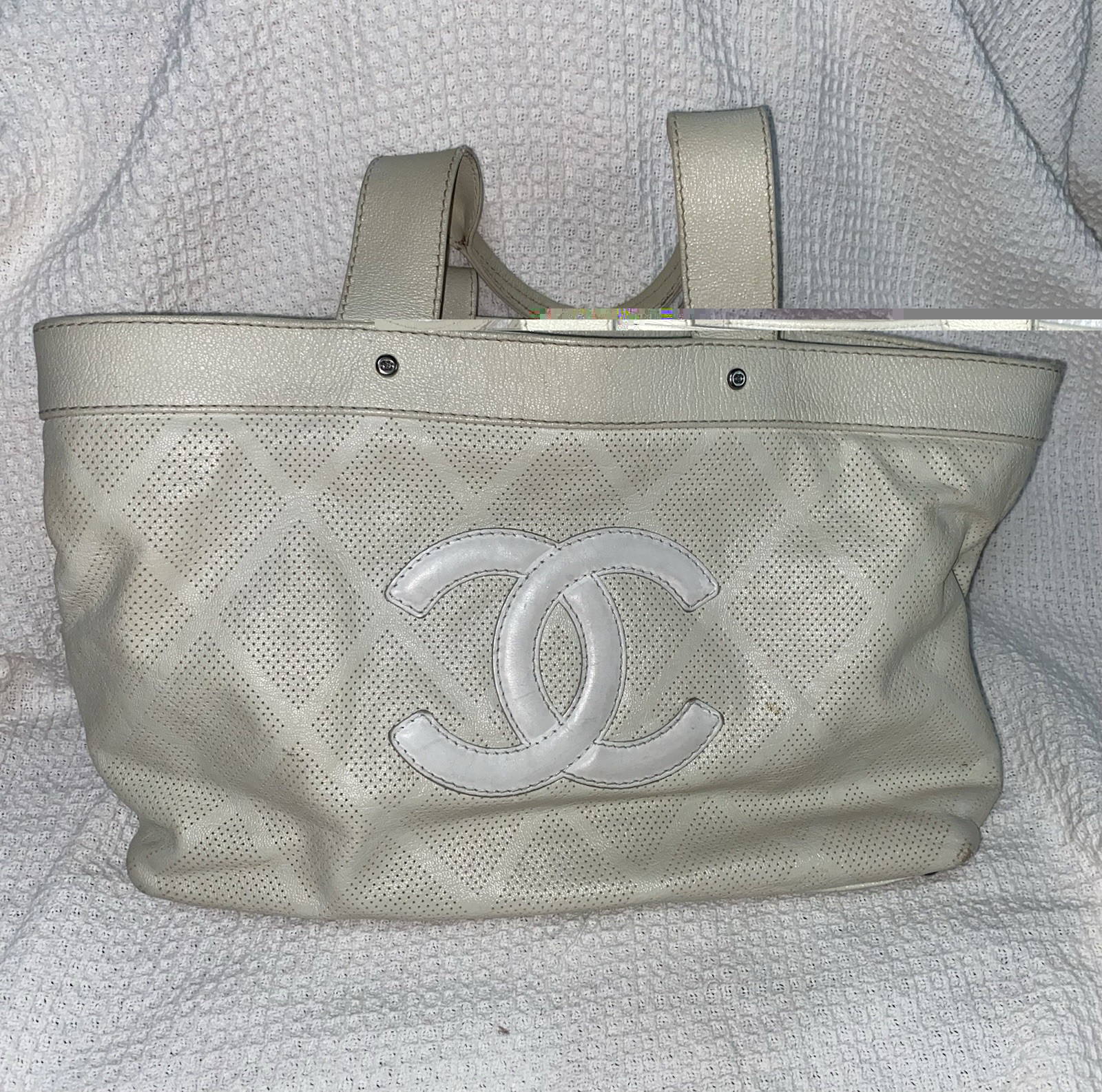 Chanel Large Ivory Vintage Perforated Diamond Quilted Fair Condition Bag