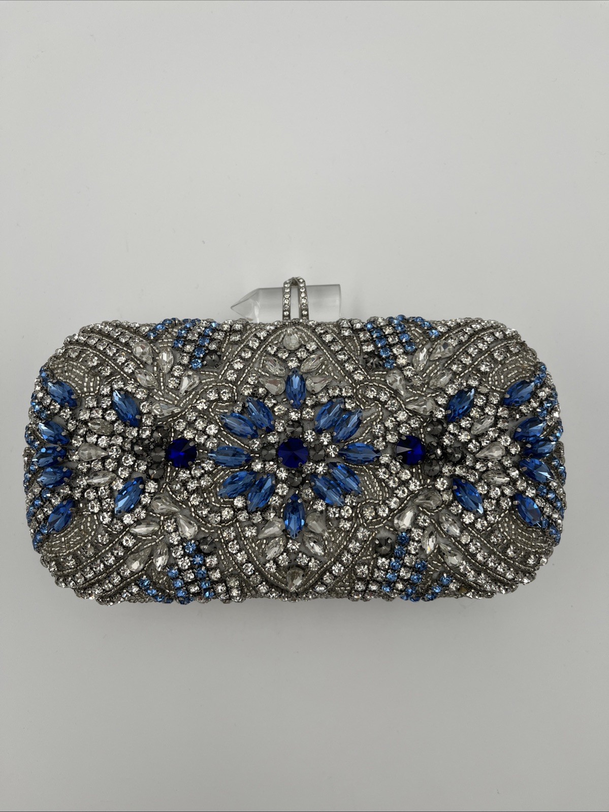 NINA Crystal Embellished Minaudiere Clutch Silver Tone NWT Imperfections