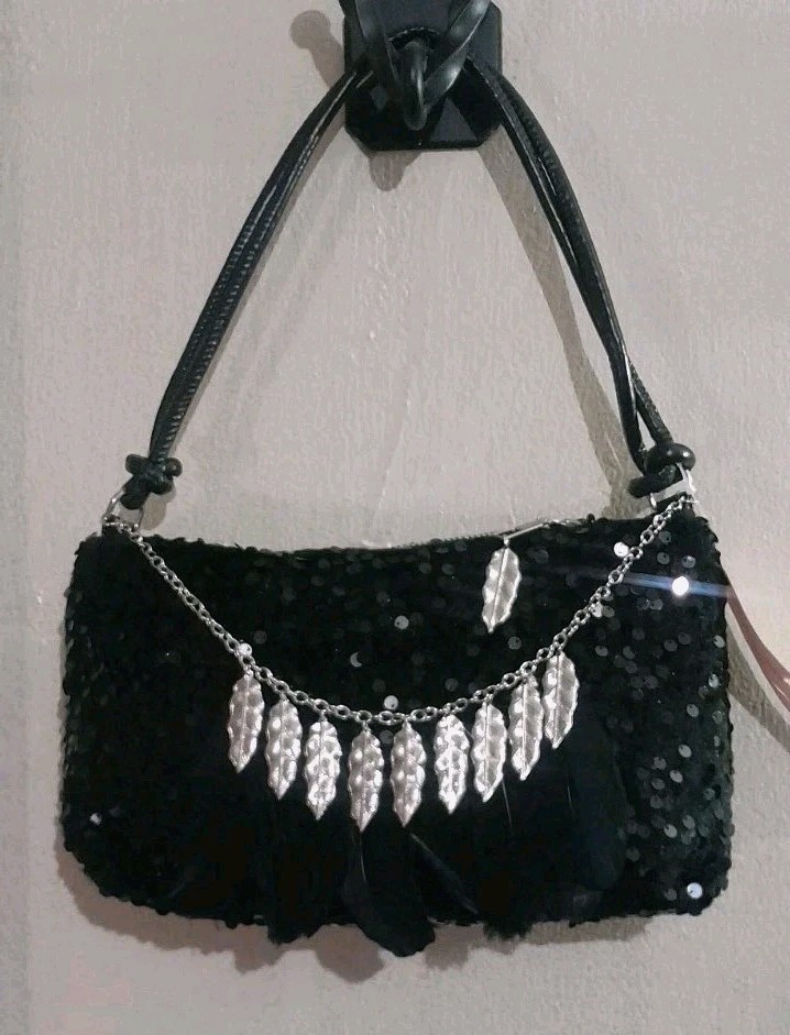 Black Velvet Shoulder Bag with Sequins, Feathers, and Metal feathers